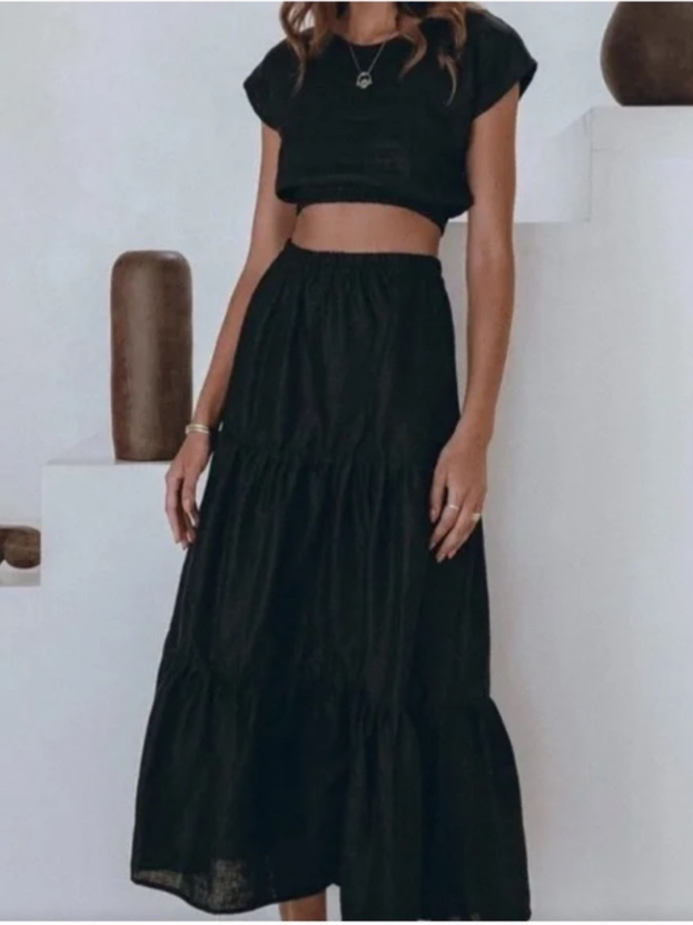 Aura Luna Linen Skirt Set Black small crop top